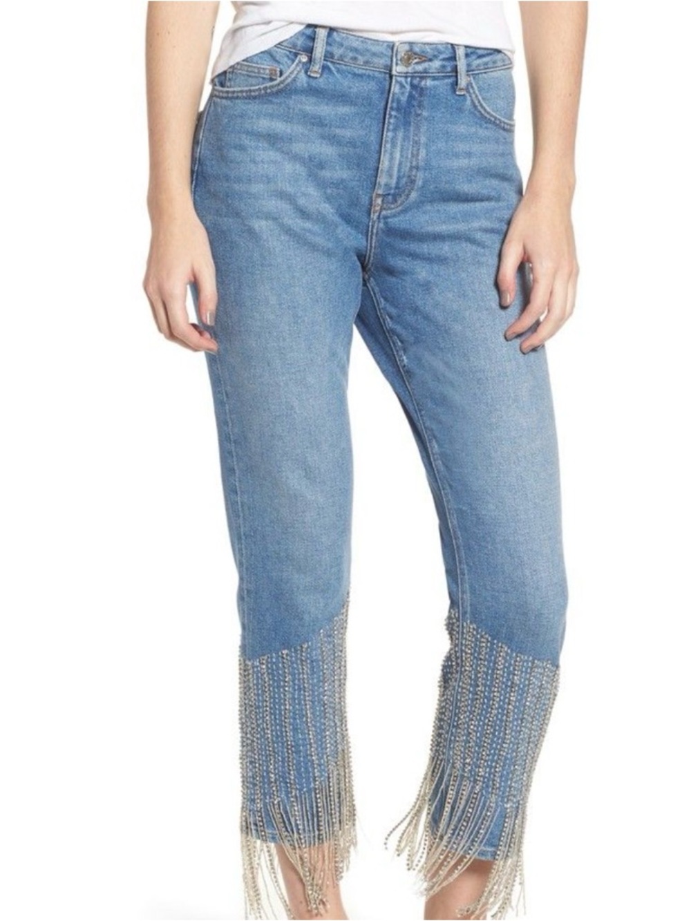 Topshop Light Blue Cropped Jeans with Beaded Fringe